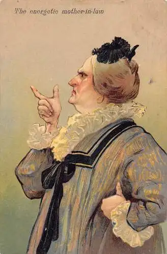 L043 Die energiegeladene Schwiegermutter 1905 Humor geprägte Vintage Postkarte