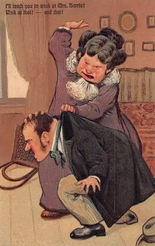 L043 Groteske Frau schlägt Ehemann Comic Humor geprägte Vintage Postkarte