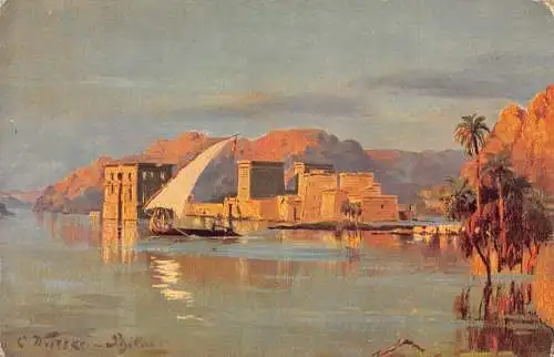 L382 Ägypten Philae am Morgen Segelboot Insel Gemälde signierte Postkarte