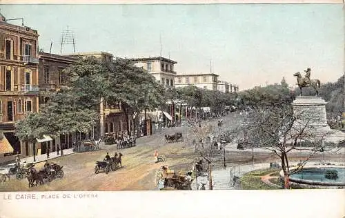 L382 Ägypten Kairo Opernplatz Pferdekutschen Karren Statuen Vintage Postkarte