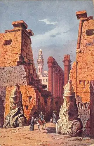 L384 Ägypten Tempel bei Luxor Esel Männer Gemälde signiert F Perlberg Postkarte
