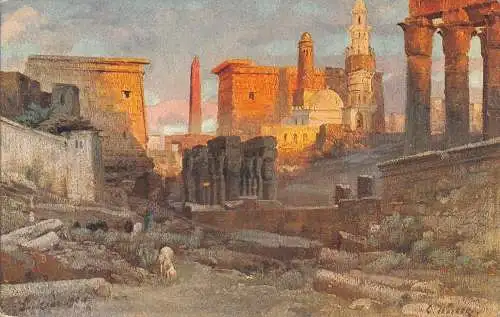 L383 Ägypten Luxor Tempel Künstlerkarte signiert Vintage Postkarte