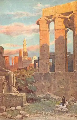 L384 Ägypten Luxor Tempel des Amenophis III Künstlerkarte signiert Vintage Postkarte