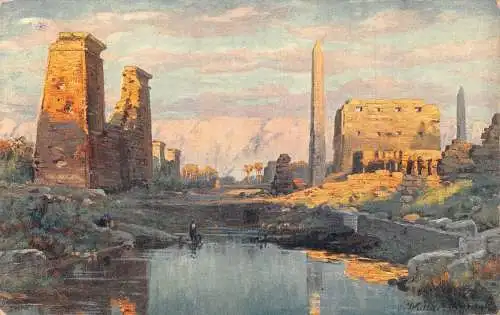 L383 Ägypten Ruinen von Karnak und Heiliger See Gemälde signiert Vintage Postkarte