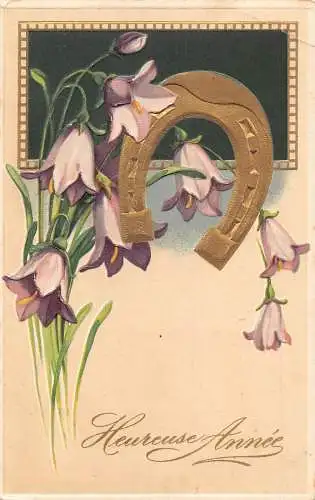 L375 Neujahrsgrüße 1909 Blumen Hufeisen Glück geprägt Vintage Postkarte