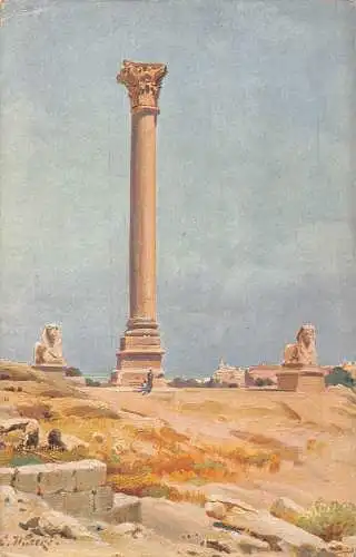 L384 Ägypten Alexandria Pompeius Säule Gemälde signiert Vintage Postkarte