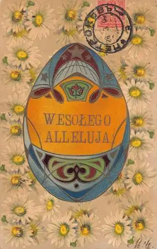 A149 Ostergrüße 1909 Gänseblümchen Blumen buntes Ei geprägte Postkarte