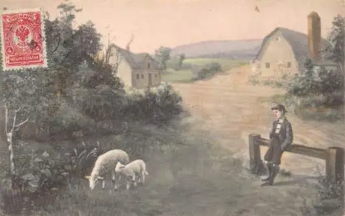 A149 Gemälde 1914 Junge beobachtet Schafe und Lamm Hütten Vintage Postkarte