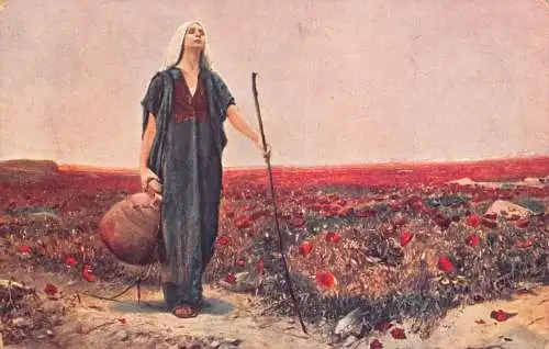 A147 Gemälde Blinde Frau Wasserkanne Stick Mohnfeld signiert Piglheln Postkarte
