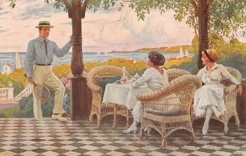 A147 Gemälde Dänische Frauen Terrasse Tennismann signiert Paul Fischer Postkarte