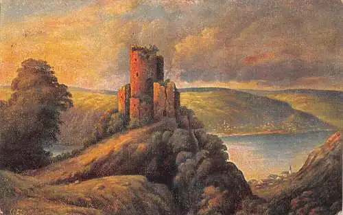 A147 Gemälde signiert Sonnenuntergang bei Zitadellenruinen auf Klippe Vintage Postkarte
