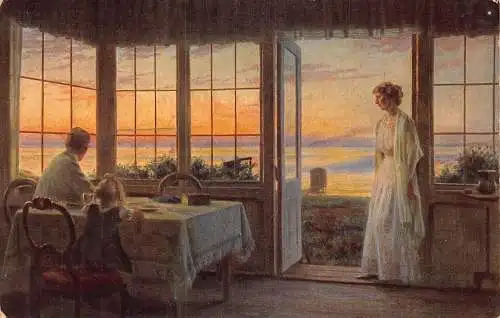 A147 Gemälde Sommer Sonnenuntergang am Meer aus Haus Familie signiert C Wentorf Postkarte