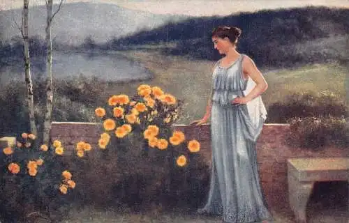A147 Gemälde Elegante Frau Blumen Meditation signiert Jean Beauduin Postkarte