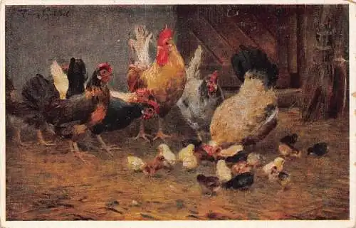 A146 Gemälde Hühnerfamilie Scheune Hahn Küken signiert Franz Graessel Postkarte