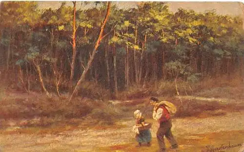 A147 Gemälde 1916 Bei der Arbeit im Wald signiert JG Gerstenhauer Vintage Postkarte