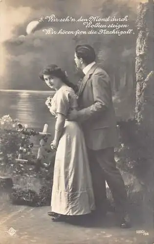 A146 Fotomontage Romantik Liebespaar bei Mondschein Gedicht Vintage Postkarte