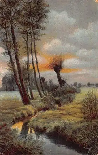 A146 Gemälde 1922 Landschaft nach Sonnenuntergang Fluss Bäume Wolken Vintage Postkarte