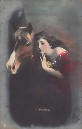 A145 Hübsche Frau umarmt Pferd Maerchen Märchen Vintage Postkarte