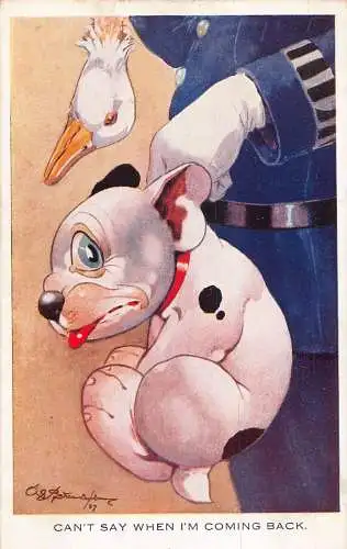 A145 Künstlerkarte Schild George Studdy Bonzo Der Hund kann nicht sagen Coming Back Postkarte