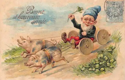 L102 Neujahr 1906 Zwergschweine Kleeblatt Glück geprägt Vintage Postkarte
