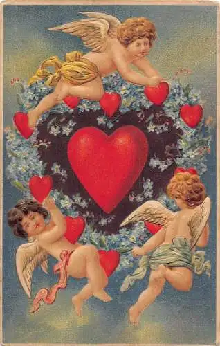 L102 Valentinstag Herzen Blumen Cherubim 1911 geprägt Vintage Postkarte