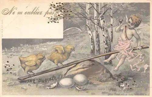 L102 Osterküken Cherub Engel Eier Glitzer Vintage Postkarte