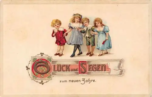 L102 Viel Glück Neujahrsgrüße Kinder geprägt Vintage Postkarte