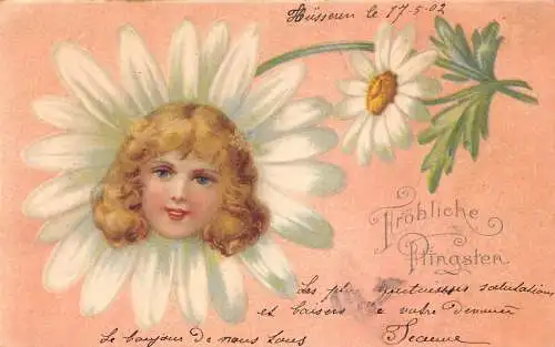 L102 Pfingstgrüße 1902 Gänseblümchen Mädchen Kopf Jugendstil Vintage Postkarte