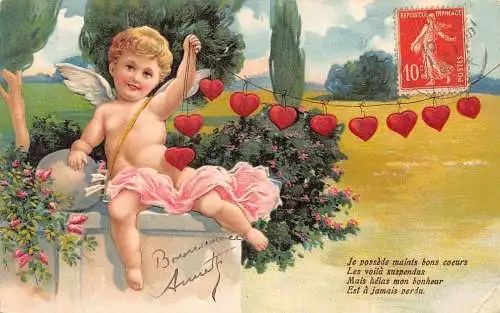 L102 Valentinstag 1908 Herzen Cherub Blumen geprägt Vintage Postkarte