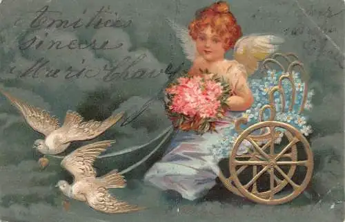 L102 Grüße 1905 Cherub Tauben gezogen Wagen Blumen geprägt Vintage Postkarte
