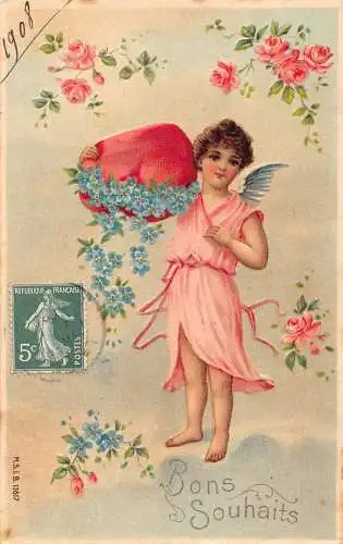 L102 Valentinstag Herz Grüße 1908 Rosen Blumen Cherub geprägt Postkarte