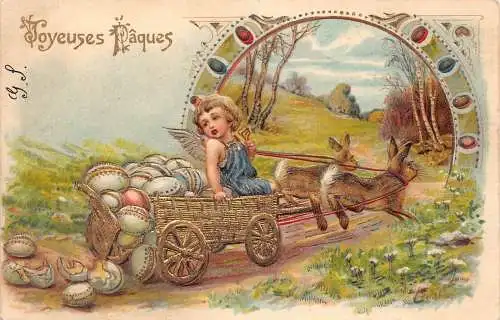 L102 Ostern 1905 Cherub Hasen gezogen Wagen Eier geprägt Vintage Postkarte
