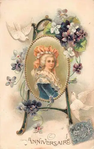 L102 Grüße weiße Taube Blumen Jugendstil geprägt Vintage Postkarte