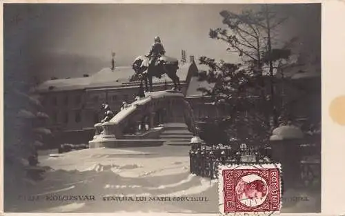 L412 Rumänien 1932 Cluj Napoca Kolozsvar Matthias Corvinus Statue RPPC Postkarte