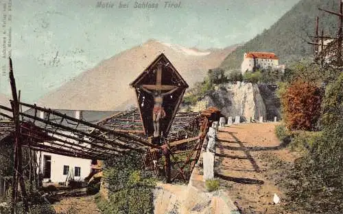 A133 Österreich 1908 Motiv bei Schloss Tirol Jesus am Kreuz Schloss Vintage Postkarte