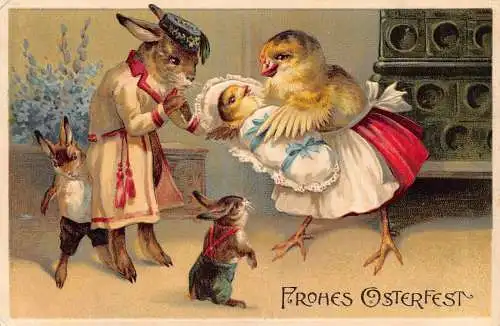 L230 Ostergrüße 1916 Humanisierte Hasen Küken geprägte Fantasy Postkarte