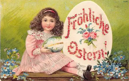 L230 Ostergrüße 1906 Mädchen Ei Rosen Blumen geprägt Fantasie Postkarte