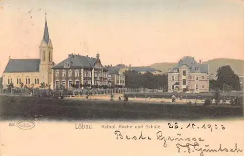 Deutschland 1903 Loebau Katholische Kirche und Schule Vintage Postkarte