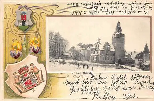 Deutschland 1902 Camberg Ansicht Passepartout Wappen Veilchen Prägepostkarte