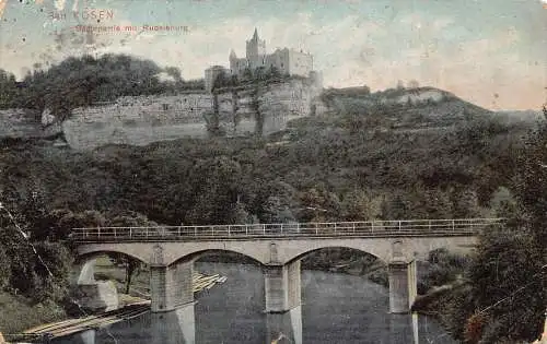 Deutschland 1908 Bad Koesen Saalepartie mit Schloss Rudelsburg Brücke