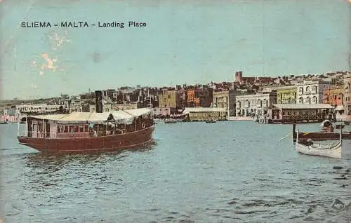 Malta Sliema Landing Place Port Steamboat Vintage Postkarte