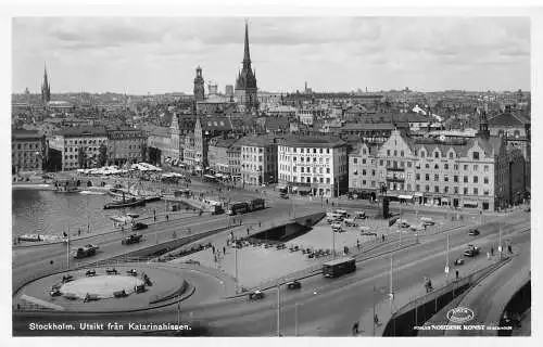 Schweden Stockholm Utsikt fran Katarinahissen Bus Boote Vintage Postkarte