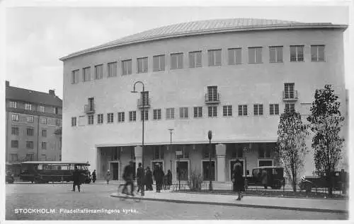 Schweden Stockholm Filadelfiafoersamlingens kyrka Radfahrer Bus Vintage Postkarte