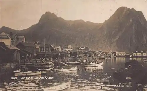 Norwegen 1924 Svolvaer Mountain Boats Village Vintage Postkarte