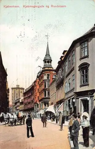 Dänemark 1907 Kopenhagen Kjobmagergade og Rundetaarn Vintage Postkarte