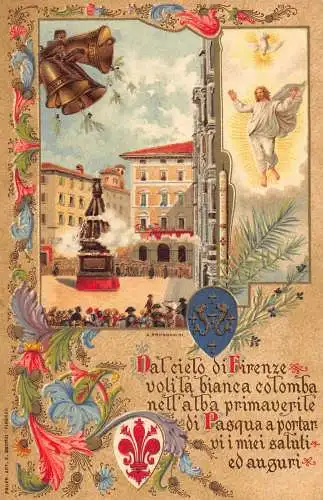 Italien Firenze Florenz Ostern religiöse Glocken Blumen geprägte Postkarte