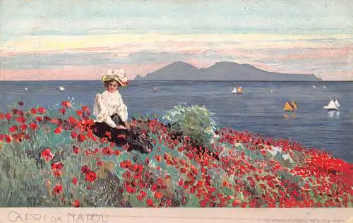 Italien Capri da Napoli Neapel Frau im Mohnblumenfeld Boote Postkarte