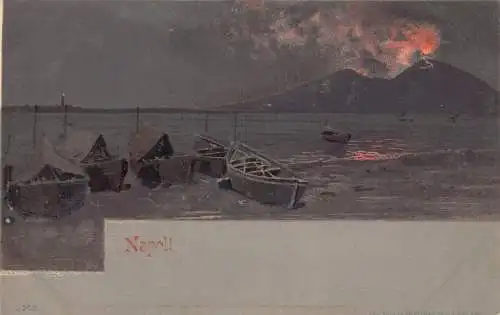 Italien Neapel Neapel bei Nacht Küste Boote Vulkan Vesuv Vintage Postkarte