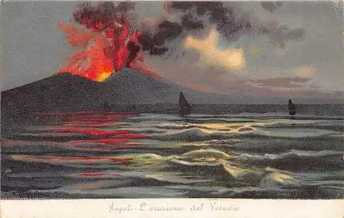 Italien Napoli Neapel Vesuv Vulkan Ausbruch bei Nacht Boote Postkarte