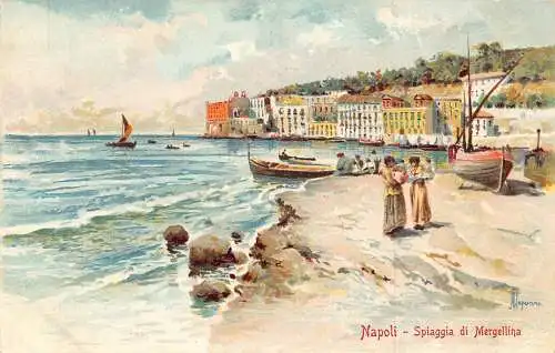 Italien Napoli Neapel Spiaggia di Mergellina Boote Meer Vintage Postkarte